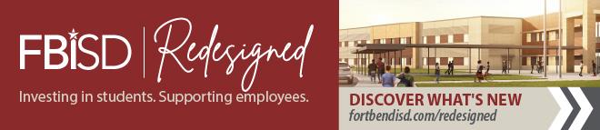 Students walking and biking outside a modern Fort Bend ISD school building with flags in front.